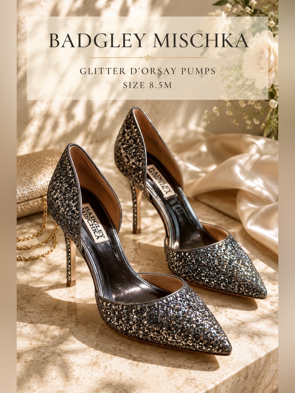 Badgley Mischka Glitter D’Orsay Pumps Gunmetal Silver Size 8.5M NWOB